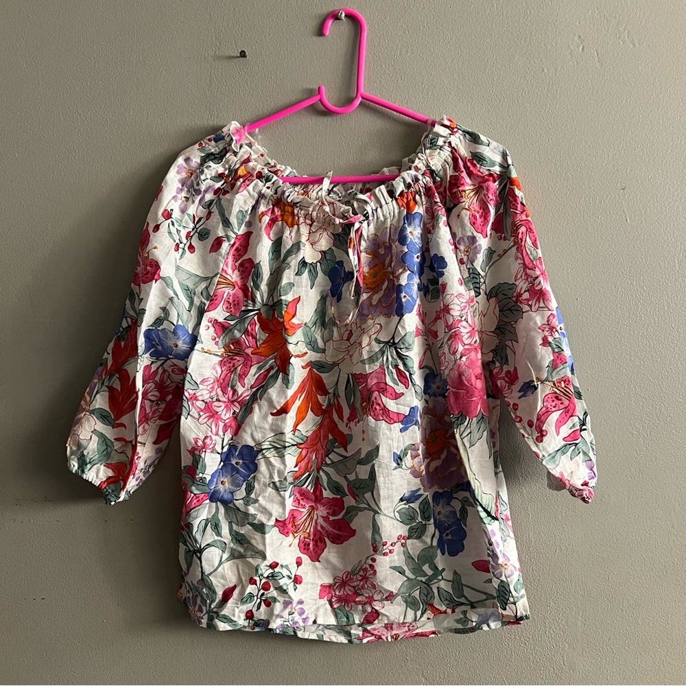 Hester and Orchard pretty floral off shoulder blouse Linen Cotton Boho Indie S